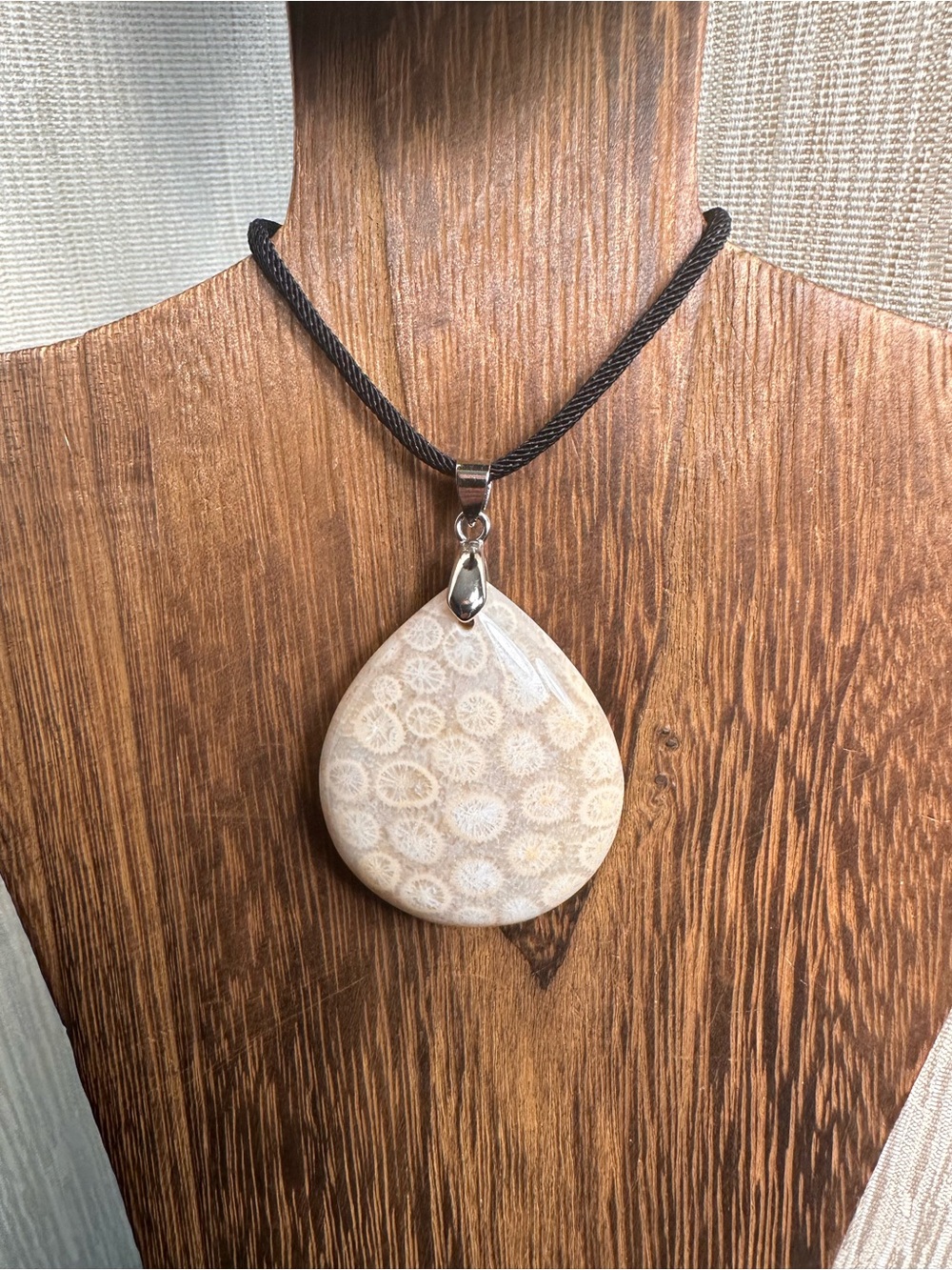 Natural Coral Fossil Teardrop Pendant Necklace on Black Rope